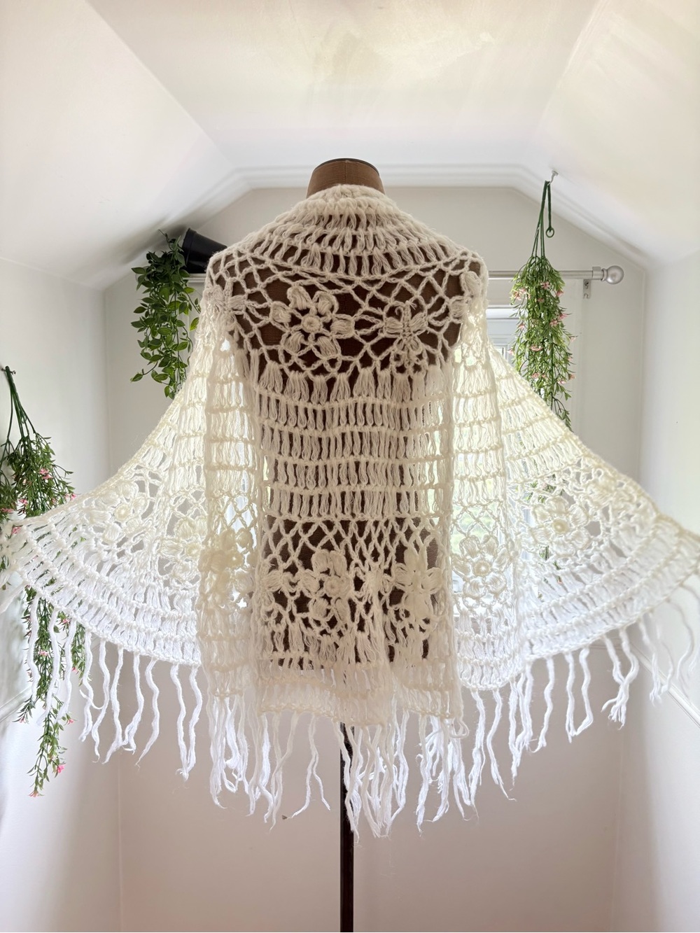 Handmade Cream Crochet Shawl Sweater - Boho Open Knit
